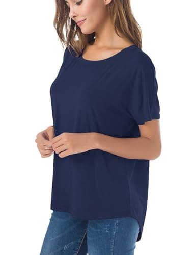Herou Women's Casual Tshirt Wide Neck Short Sleeve Well Made Hi Low Loose Fit Shirts with Side Slit Navy XX-Large - Thumbnail 2