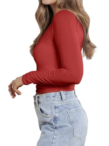 PINKMSTYLE Women Long Sleeve Shirts Double Lined Slim Fit Tops Basic Tee 2025 Fall Outfits Casual T-Shirt Underscrubs Layer Clothes Bright Red Small - Thumbnail 4