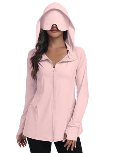 SeSe Code Travel Hoodie With Eye Mask Zip Up Sun Protection Lightweight Jacket With Pockets Airplane Outdoor Sleep Pink L - Image 1