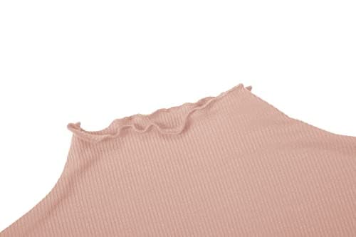 Women's Lettuce Trim Mock Neck Long Sleeve Slim Fit Ribbed Knit Tee Shirt Tops Dusty Pink L - Thumbnail 4