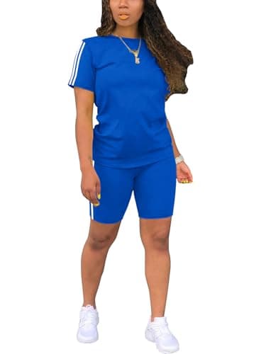 STOLKISS Holiday Outfits for Women Two Piece Sets Casual Fashion Slim Curvy Top and Elastic Waist Active Shorts Blue M - Image 1