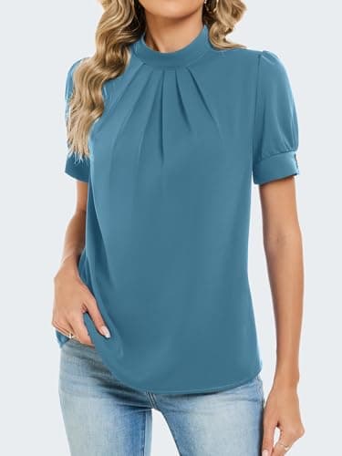 Funlingo Short Sleeve Shirts for Women Puff Sleeve Mock Neck Business Casual Tops Summer Dressy Work Shirts Fashion 2026 Grey Blue S - Thumbnail 2