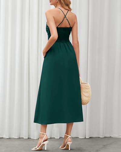 BTFBM Women 2026 Spaghetti Strap Midi Summer Dresses Sleeveless V Neck Cutout Slit Casual Beach Party Maxi Dress Pockets(Dark Green, XX-Large) - Thumbnail 5