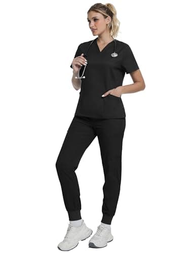 Scrubs for Women, Soft V-Neck Scrub Tops, Stretch and Wrinkle-Free Fabric with 2 Pockets, Breathable & Easy Care Black - Thumbnail 5