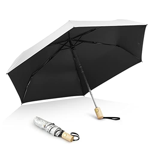 G4Free UPF 50+ UV Protection Travel Umbrella with Wooden Handle, 42 Inch Lightweight Sun Rain Folding Umbrellas Auto Open Close (Black) - Image 1