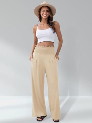 GEMLON Womens Pants High Waisted Palazzo Pants Wide Leg Long Pant Casual Lounge Trousers with Pocket(Beige,2XL) - Thumbnail 4