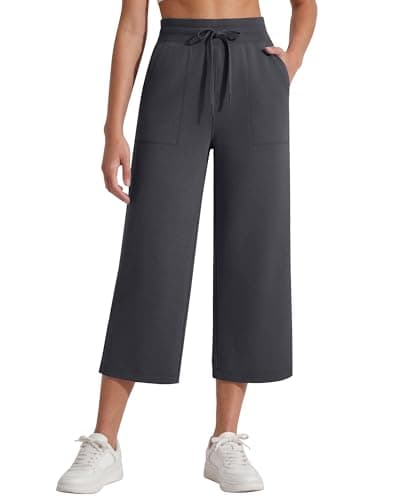 G4Free Summer Pants for Women High Waist Drawstring Wide Leg Yoga Pants Breathable Loose Relaxed Dressy Casual Capris(Dark Gray,XXL,Regular) - Image 1
