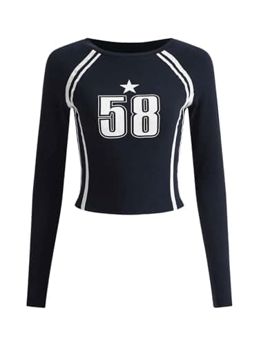 SOLY HUX Women's Y2K Jersey Crop Top Long Sleeve Number Graphic Tees Tight Fitted Going Out T Shirts Striped Shirt Dark Blue Letter Medium - Image 1