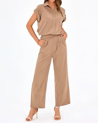 PRETTYGARDEN Womens 2 Piece sets Summer Cap Sleeve Tops Palazzo Pants Dressy Casual Vacation Travel Outfits Tracksuits(Khaki,Medium) - Thumbnail 4