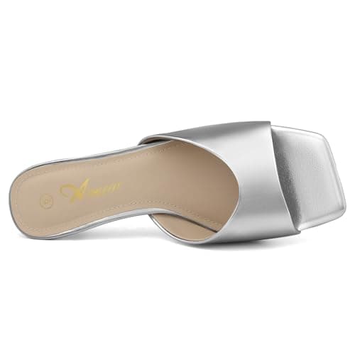 Athlefit Silver Kitten Heels for Women Square Open Toe Heeled Sandals Slip On Dressy Short Low Heels for Prom Size 5.5 - Thumbnail 4