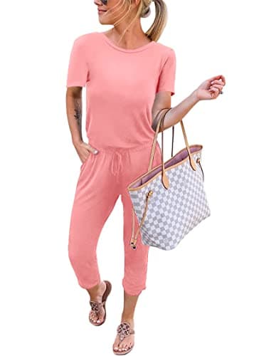 KIRUNDO Jumpsuits for Women Summer 2026 Casual Short Sleeve One Piece Outfits Drawstring Waist Long Pants Romper Jumpers(Light Pink, X-Large) - Image 1