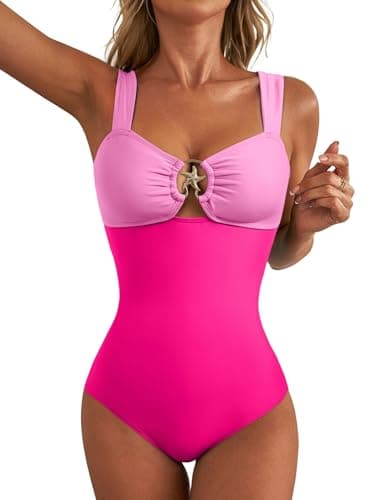 Herseas Slimming Swimsuits for Women Wide Strap Push Up Bathing Suit Colorblock Sporty Swimwear Cheeky High Leg Swimming Athletic Swim Suit Teens Rose Red Large - Image 1