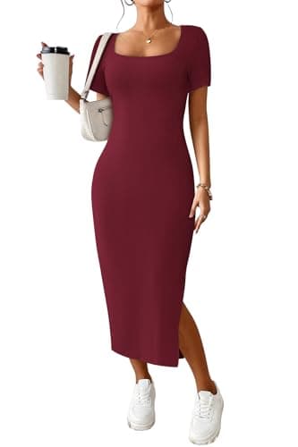 CFLONGE Casual Dresses for Women 2026 Summer Ribbed Short Sleeve Bodycon Maxi Dress Side Slit Knit Square Neck Long Sundress(Wine Red,Medium) - Image 1