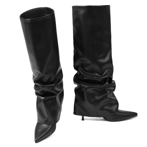COMFITORIA Womens Knee High Boots, Fold Over Shark Boots Stiletto Heels Slouchy Long Boot Pointed Toe Thigh High Dress Shoes Sexy Fashion Tall Boot for Women with Zipper - Thumbnail 4