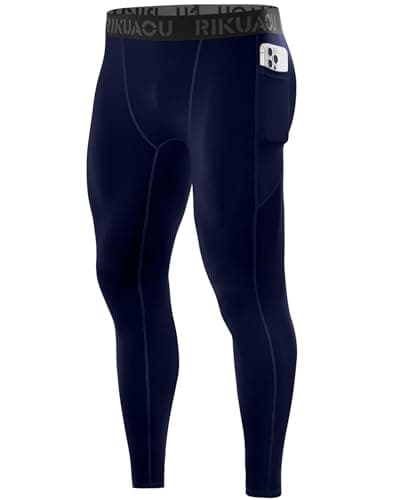 RIKUAOU Men’s Compression Pants Running Leggings Athletic Base Layer Workout Tights with Pockets for Sports Basketball Navy Blue - Image 1