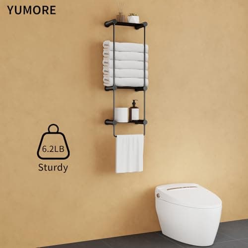 YUMORE Matte Black Towel Storage for Bathroom, 3 Tier Towel Rack with Shelf and Towel Bar, Wall Mounted Towel Racks for Bathroom Towel Storage and Organizer - Thumbnail 3