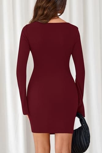 dowerme Women's Casual Mini Dress 2026 Bell Long Sleeve Boat Neck Tie Waist Bodycon Dresses Knitted Party Fall Outfits(Burgundy,X-Large) - Thumbnail 5