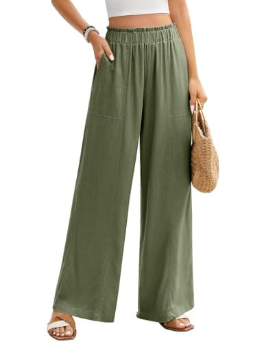 Jyanl Linen Pants Women Summer Wide Leg Palazzo Pants Loose Lightweight High Waist Flowy Beach Boho Lounge Trousers Work Outfits Trendy Green - Image 1