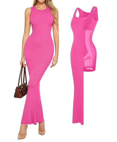 Popilush Date Night Maxi Long Dresses for Women Bodycon Sleeveless Modal Tummy Control Built-in Bra Shapewear Dress Pink X-Small