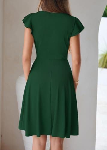 Lazysmile Summer Dresses for Women Ruffle Short Sleeve V Neck A Line Swing Ribbed Knit Casual Mini Short Dress Dark Green - Thumbnail 2