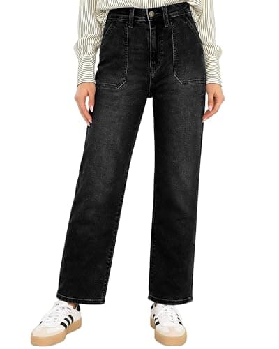 Flvsun Women 's High Waisted Straight Leg Jeans for Trendy Stretchy Bootcut Jeans Ankle Length Patch Pocket Denim Pants Black S - Image 1