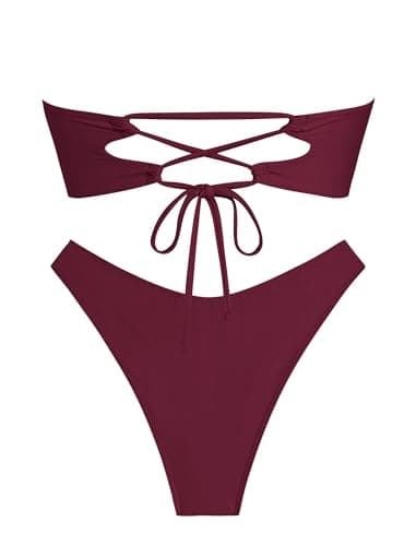 ZAFUL Women's Swimsuits Metallic Sparkly Glitter Shiny Starfish Metal Hardware High Cut Cheeky Bandeau Bikini Set Swimwear (Plum Pie XS) - Thumbnail 2