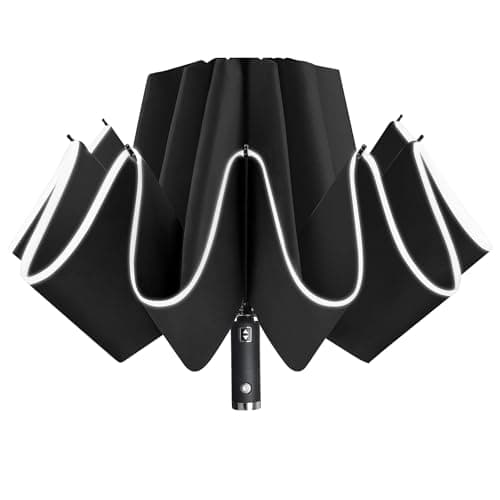 Lejorain Folding Reverse LED Umbrella - Upside Down Reflective Umbrellas Compact Inverted Travel Windproof Umbrella Auto Open Close for Rain - Image 1