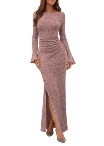 Lazysmile Women's Long Sleeve Bodycon Maxi Dress Crewneck Ruched Slit Ribbed Knit Formal Wedding Guest Cocktail Dresses Light Pink - Image 1