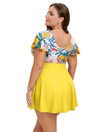 Arolina Women's Plus Size Tankini Swimsuits Swim Dress Tummy Control Bathing Suits Yellow - Thumbnail 2