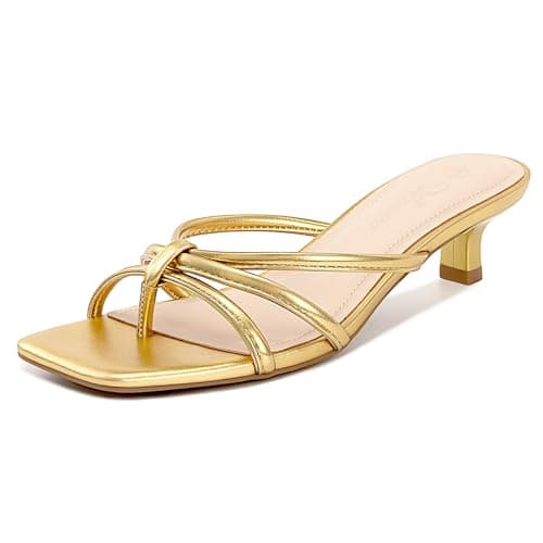 Athlefit Gold Heels for Women Strappy Flip Flop Low Kitten Heels Square Toe Dressy Party Short Thong Heeled Sandals Size 6 - Image 1