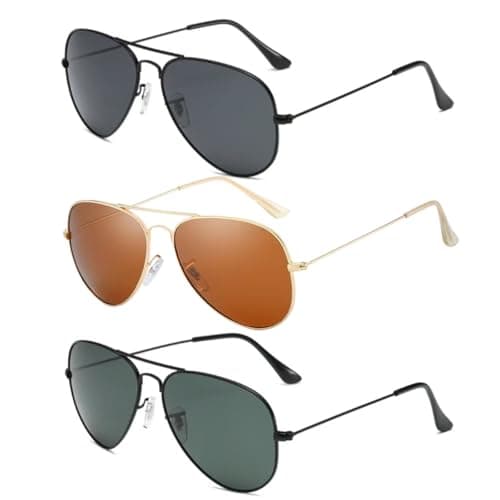EASYHAUTE Aviator Sunglasses for Men & Women, Pilot Sun Glasses, Cop Police Sunnies, Classic Glass Lens, UV400 Shades for Driving (Black-grey/Black-G15/Gold-brown) - Image 1