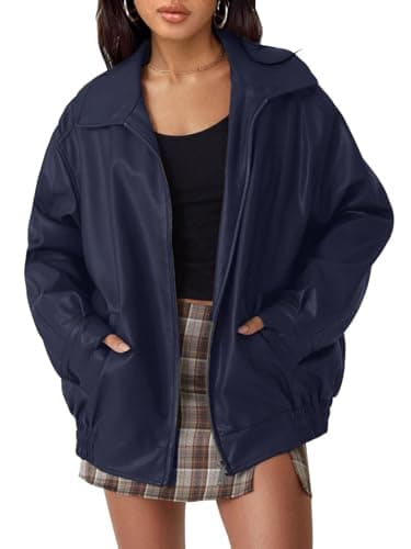 hathne Women's Oversized Leather Jackets Faux Zip Up Fall Fashion Motorcycle Jackets Coats Winter Clothes(Dark Blue,L) - Image 1