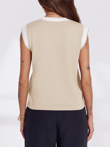 Saodimallsu Womens V Neck Sweater Vest Button Down Cap Sleeve Summer Trendy Color Block Loose Knit Tank Tops Beige - Thumbnail 5