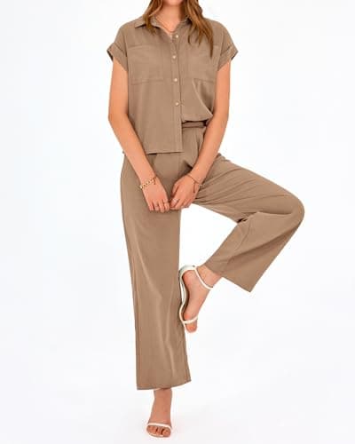 PRETTYGARDEN Womens 2 Piece sets Summer Cap Sleeve Tops Palazzo Pants Dressy Casual Vacation Travel Outfits Tracksuits(Dark Khaki,XX-Large) - Thumbnail 6