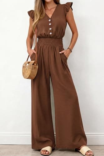 dowerme Women's Jumpsuits Dressy Casual 2026 Summer Ruffle Cap Sleeve V Neck Button Smocked Rompers Wide Leg Overalls(Brown,Large) - Thumbnail 4