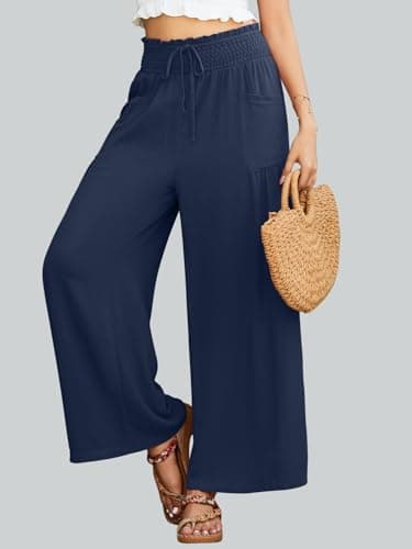 JUYUEO Linen Pants for Women 2026 Summer High Waisted Wide Leg Pants Casual Dressy Palazzo Beach Boho Pants Navy Blue XL - Thumbnail 2