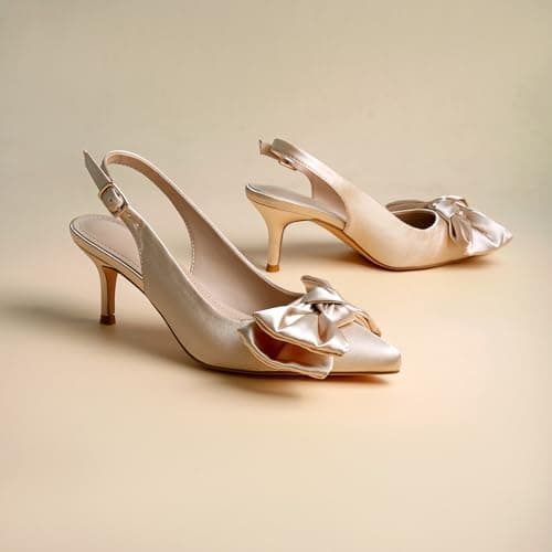 RUSAUISE Nude Heels Slingback Heels with Bow Satin Dressy Pointed Toe Pumps 2 Inch Kitten Heel Work Shoes for Office Business Ballroom Evening Size 7.5 - Thumbnail 4