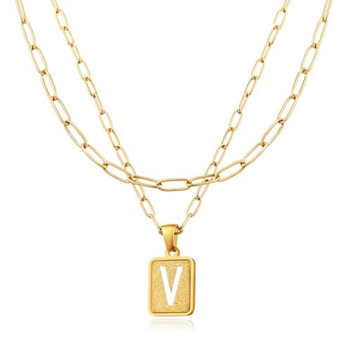 LETFLY Initial Gold Necklaces for Women, 18K Gold Plated Letter Layering Necklace Square Shaped Pendant with Adjustable Paperclip Chain for Womens Jewelry Gifts Alphabets V - Image 1