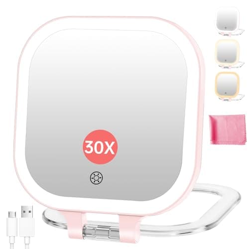 FASCINATE Rechargeable Travel Makeup Mirror 30X Magnification, 3.5" Lighted Portable Vanity Mirror with 3 Colors Lighting & Stepless Dimming, Double Sided LED Mirror, Gift for Women (Pink) - Image 1