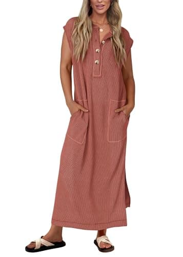 KIRUNDO Womens Summer Dresses 2026 Spring Ribbed Knit Henley Short Sleeve Maxi Dress Button Up Loose Beach Vacation Sundress(Brick Red, Small) - Image 1