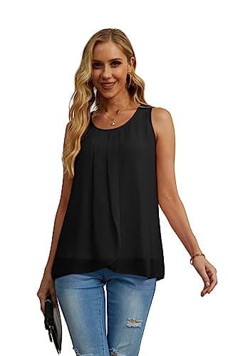 IWOLLENCE Chiffon Blouses for Women Double Layers Blouse Loose Round Neck Casual Loose Tank Tops Black X-Large - Thumbnail 2