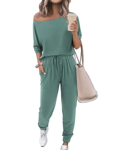 Zenlonr Women Summer 2 Piece Outfits 2026 Off Shoulder Short Sleeve Tops Elastic Waist Drawstring Long Pants Tracksuit(Lake Green,X-Large) - Image 1