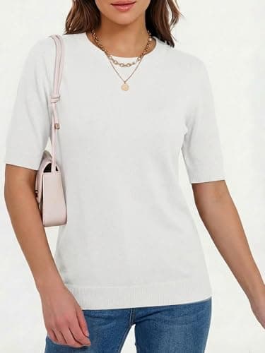 LaGracia Wool Blend Sweaters for Women Crewneck Short Sleeve Lightweight Sweater Office Summer Outfits Beige 2XL - Thumbnail 3