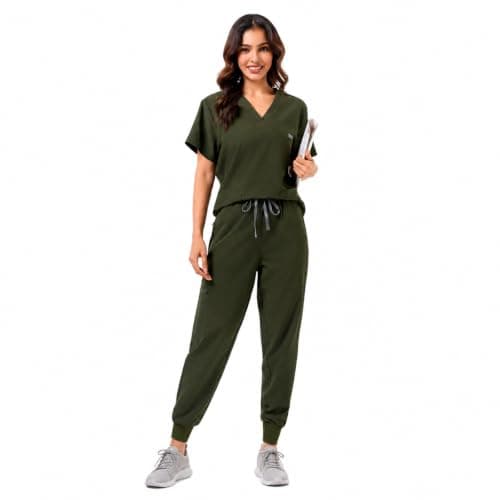 YEZEX Scrubs for Women Set, Stretch V-Neck Top & Jogger Pants, 8 Pockets (Army Green) - Image 1