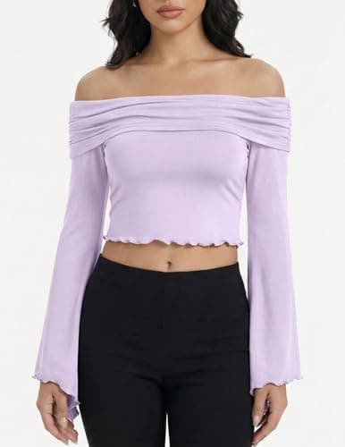 ZAFUL Womens Cute Tops Off Shoulder Blouse Long Sleeve Ribbed Knit Y2K Clothes Casual Fitted Date Night Outfit Shirt Purple L - Thumbnail 2