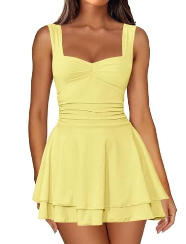 IWD Women's 2026 Sleeveless Tank Top Summer Holiday Party A Line Dress Square Neck Flowy Ruffle Date Night Mini Dresses Light Yellow X-Small - Image 1
