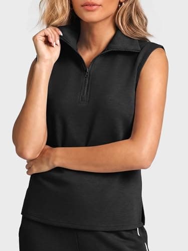 Casly Lamiit 2 Piece Sets for Women Summer Travel Outfits V Neck Half Zip Lapel Tank Top Striped Wide Leg Pants Matching Sets Sweatsuits Black S - Thumbnail 2