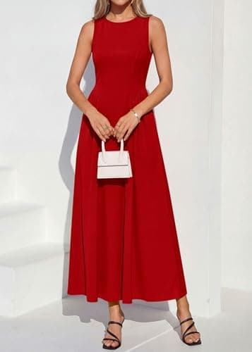KIRUNDO Wedding Guest Dresses for Women 2026 Summer Semi Formal Work Sleeveless Elegant Boat Neck Flowy A Line Maxi Dress(Red, Large) - Thumbnail 3