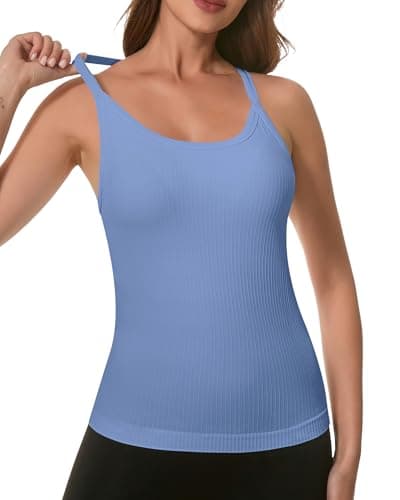 UG Active Women Built-in Bra Tank Tops Seamless Ribbed Tank with Pads Casual Fitted Cami Tank Light Blue L - Image 1