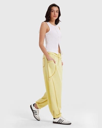 MOOSLOVER Women Baggy Jogger Pants Drawstring Mid Waist Athletic Casual Pant Comfy Cotton Lightweight Sweatpants(M,Yellow) - Thumbnail 4